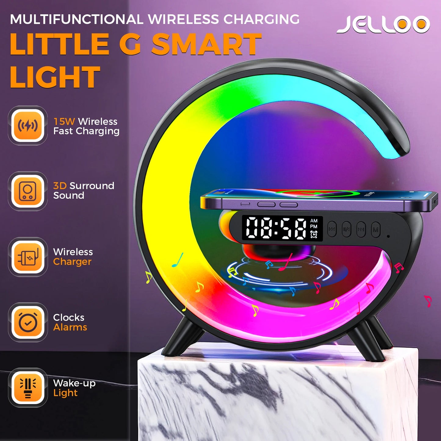 EIGIIS New 15W Fast Charging Multifunction Wireless Charger Pad Stand Speaker RGB Night Light Station for iPhone Samsung Xiaomi