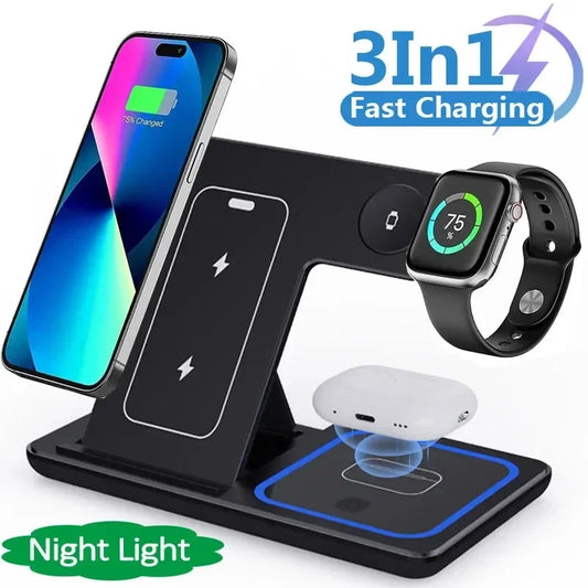 3 In 1 Foldable Wireless Charger Stand For iPhone 16 15 14 13 Pro Max Plus IWatch AirPods 3/2 Fast Charging Station Dock Holder